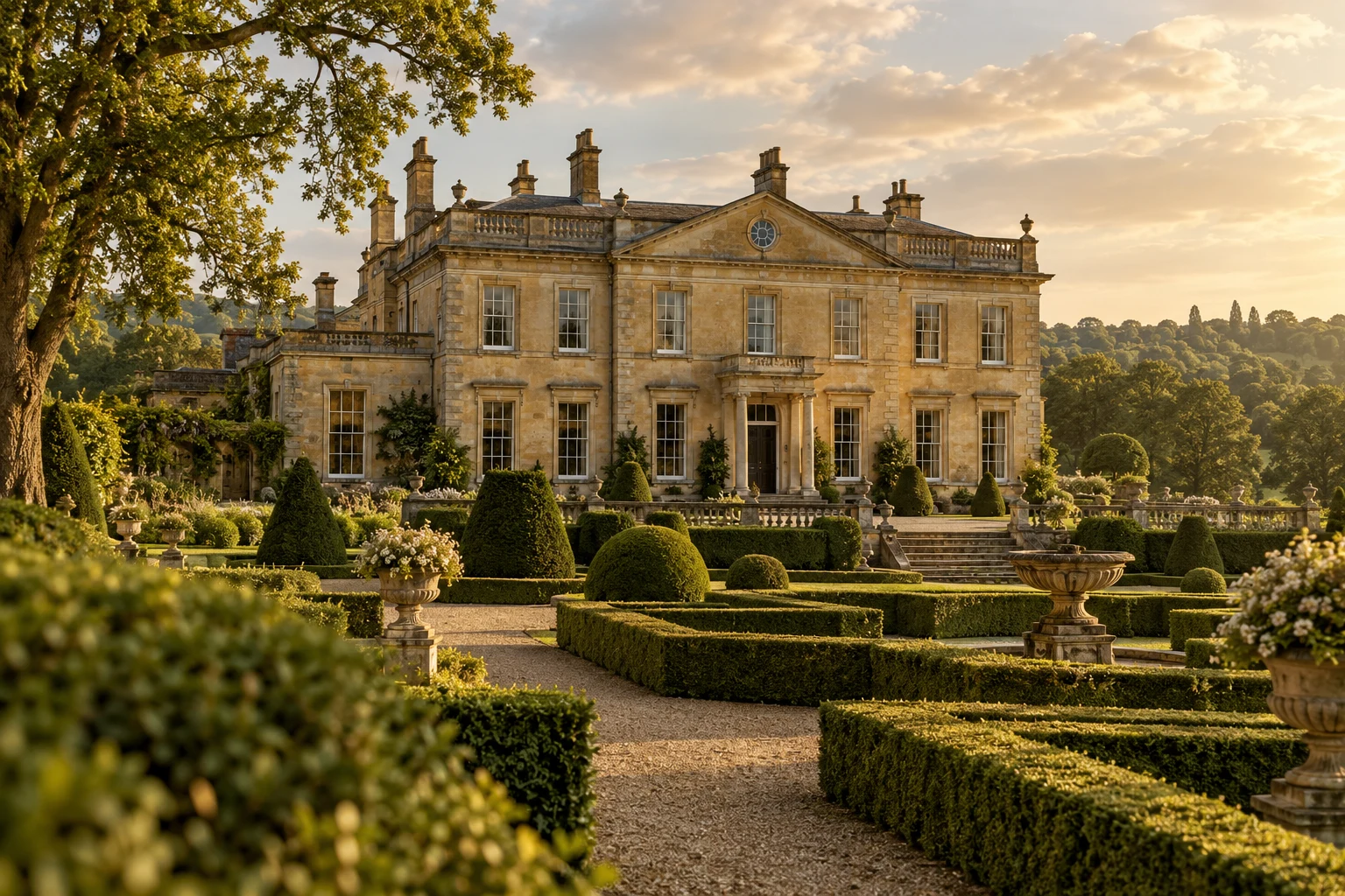 Grand English country house overlooking a formal garden in golden afternoon light