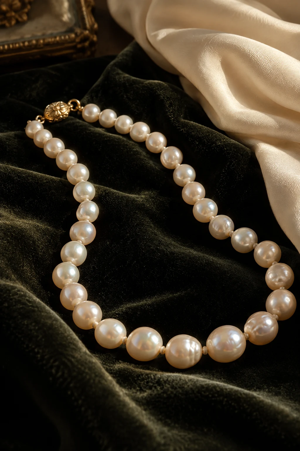 Lustrous pearls on black velvet and ivory silk