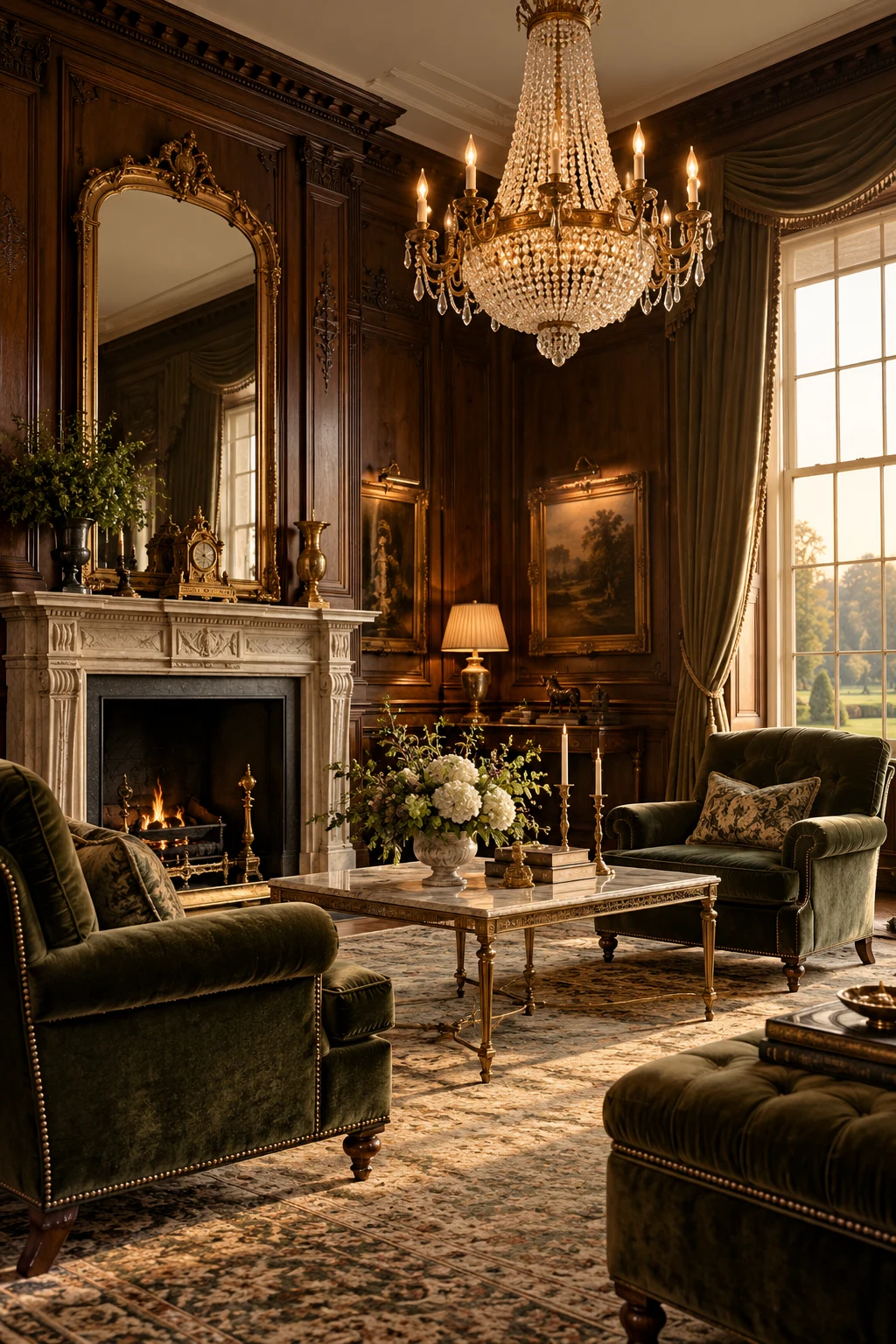An opulent hotel salon with a chandelier and richly upholstered furniture
